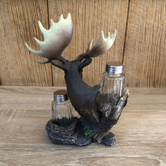DWK Northern Moose Salt & Pepper Shaker Holder 2 Glass Shakers Cabin Wilderness - Picture 3 of 9